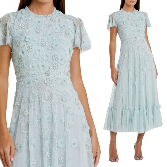 Mac Duggal 9212 Size 4 Light Pastel Blue Floral Beaded ALine Midi Tea Dress Gown - Picture 1 of 15
